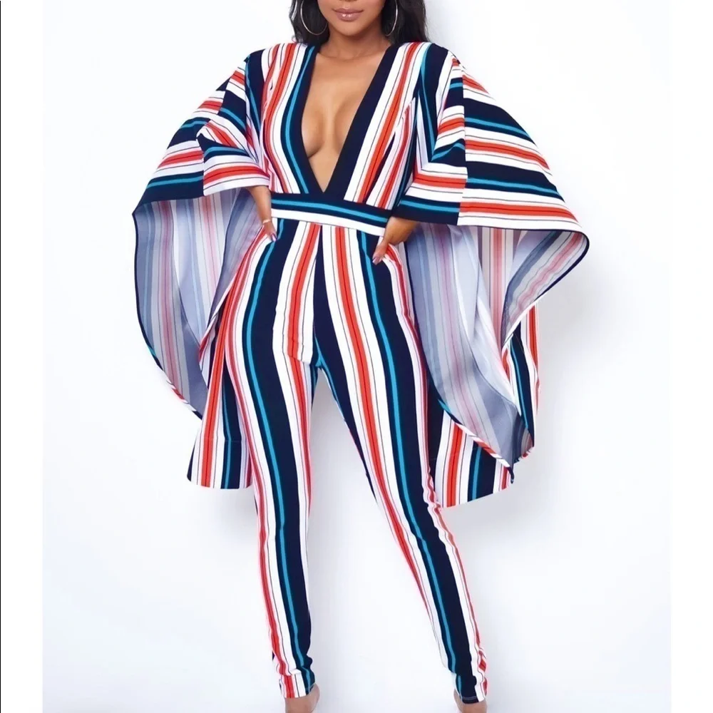 Monoco Stripe Jumpsuit with Wing Sleeves - Picture 1 of 3